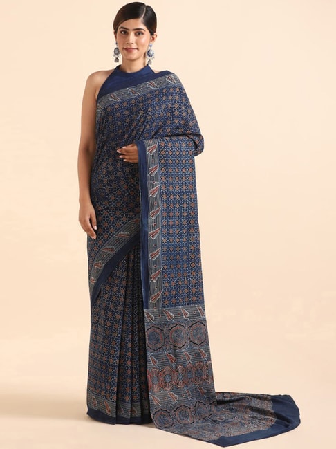 Taneira Navy Printed Saree With Unstitched Blouse Price in India