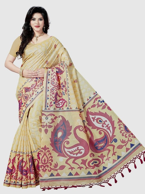 The Chennai Silks Beige Cotton Floral Print Saree With Unstitched Blouse Price in India