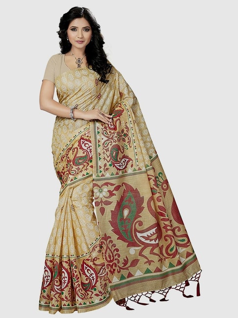 The Chennai Silks Beige Cotton Floral Print Saree With Unstitched Blouse Price in India