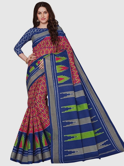 The Chennai Silks Pink Cotton Ikkat Print Saree With Unstitched Blouse Price in India