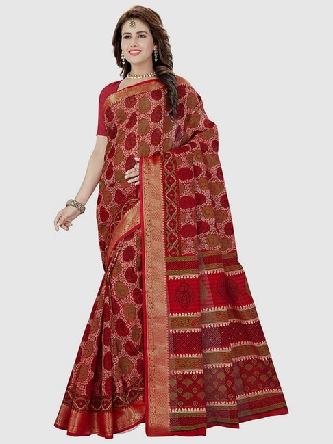 The Chennai Silks Red Cotton Floral Print Saree With Unstitched Blouse Price in India