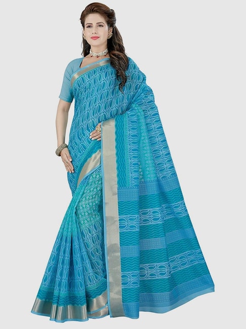 The Chennai Silks Blue Cotton Floral Print Saree With Unstitched Blouse Price in India