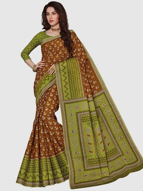 The Chennai Silks Brown Cotton Ikkat Print Saree With Unstitched Blouse Price in India