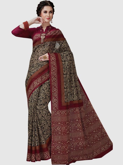 The Chennai Silks Black Cotton Floral Print Saree With Unstitched Blouse Price in India