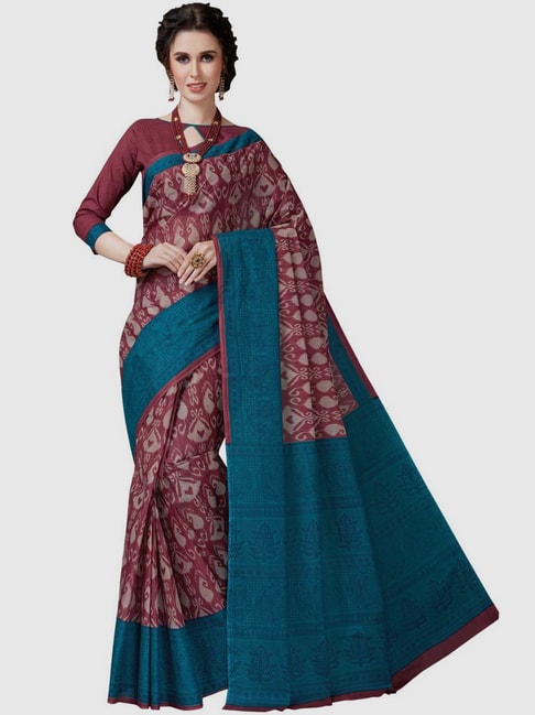 The Chennai Silks Maroon Cotton Printed Saree With Unstitched Blouse Price in India