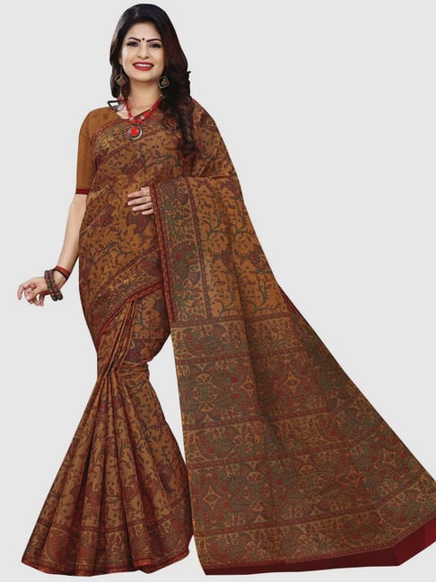 The Chennai Silks Brown Cotton Floral Print Saree With Unstitched Blouse Price in India
