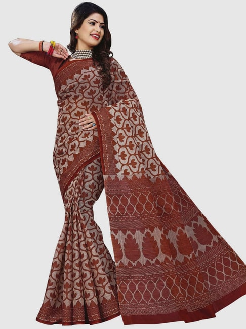 The Chennai Silks Brown Cotton Floral Print Saree With Unstitched Blouse Price in India