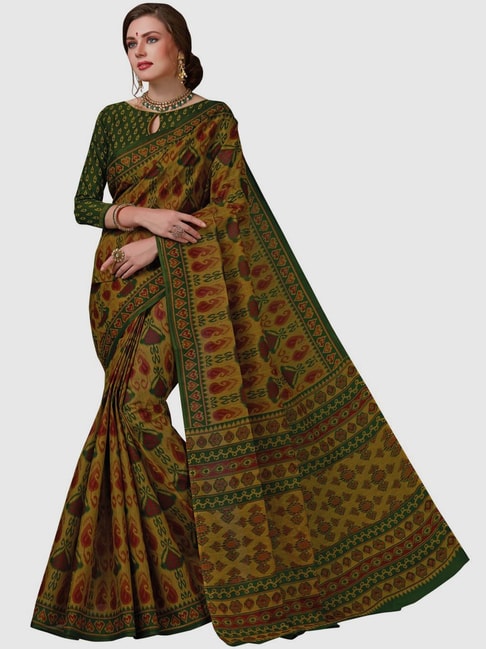 The Chennai Silks Olive Green Cotton Paisley Print Saree With Unstitched Blouse Price in India