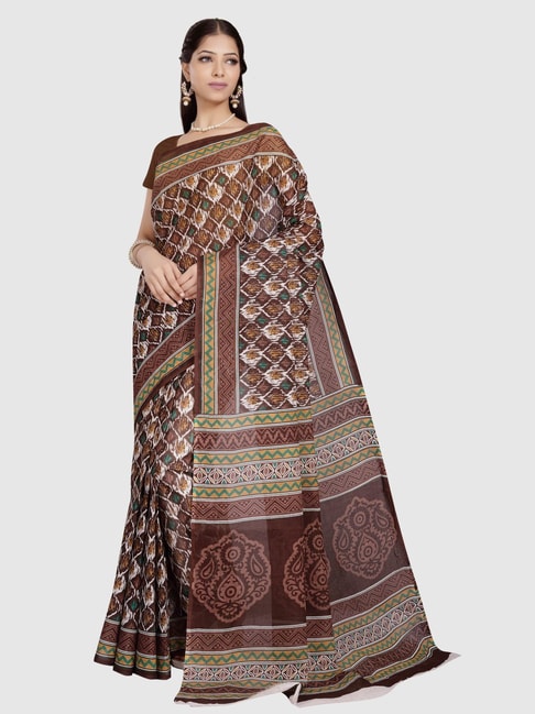 The Chennai Silks Brown Cotton Printed Saree With Unstitched Blouse Price in India
