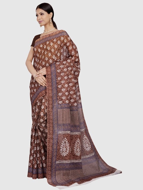 The Chennai Silks Brown Cotton Printed Saree With Unstitched Blouse Price in India