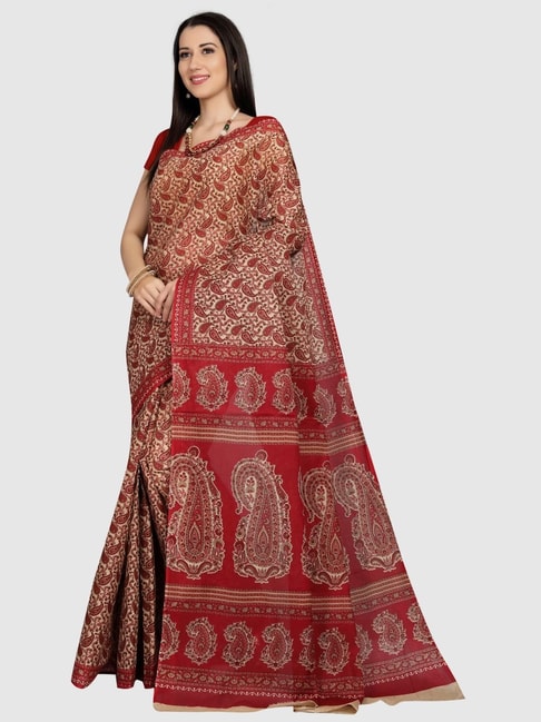 The Chennai Silks Beige & Red Cotton Paisley Print SareeWithout Blouse Price in India