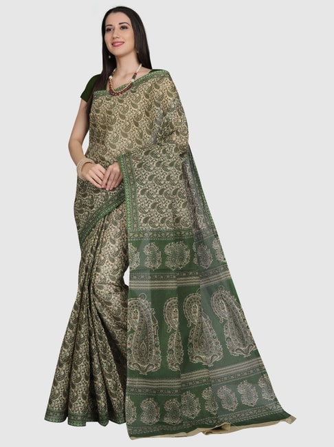 The Chennai Silks Beige & Green Cotton Paisley Print SareeWithout Blouse Price in India