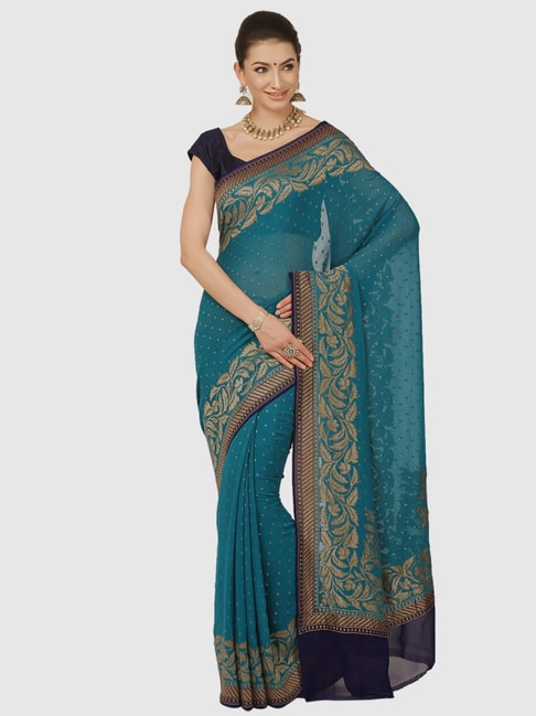 Banarasi Silk Works Teal Blue Woven Saree With Unstitched Blouse Price in India
