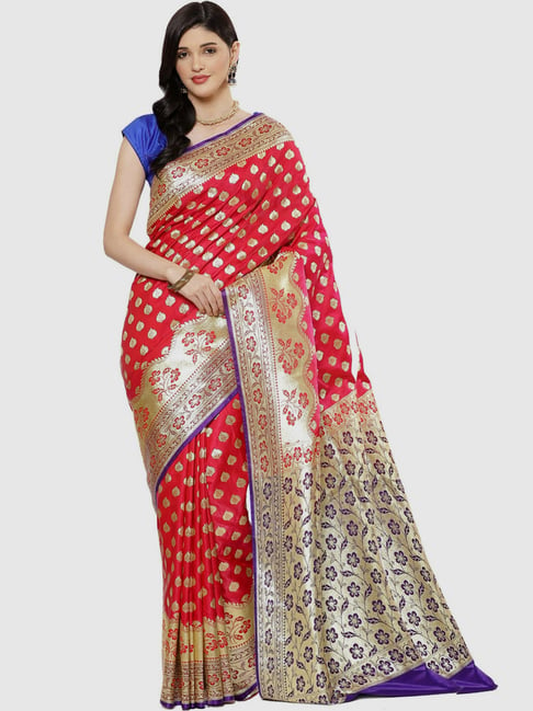 Banarasi Silk Works Red Woven Saree With Unstitched Blouse Price in India