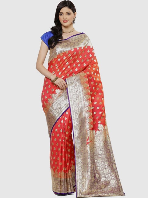 Banarasi Silk Works Orange Woven Saree With Unstitched Blouse Price in India