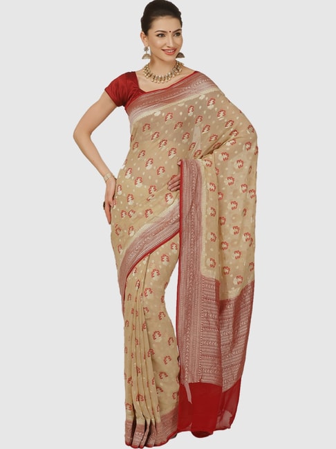 Banarasi Silk Works Beige Woven Saree With Unstitched Blouse Price in India