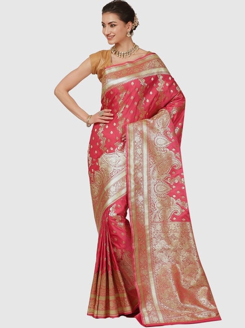 Banarasi Silk Works Pink Woven Saree With Unstitched Blouse Price in India