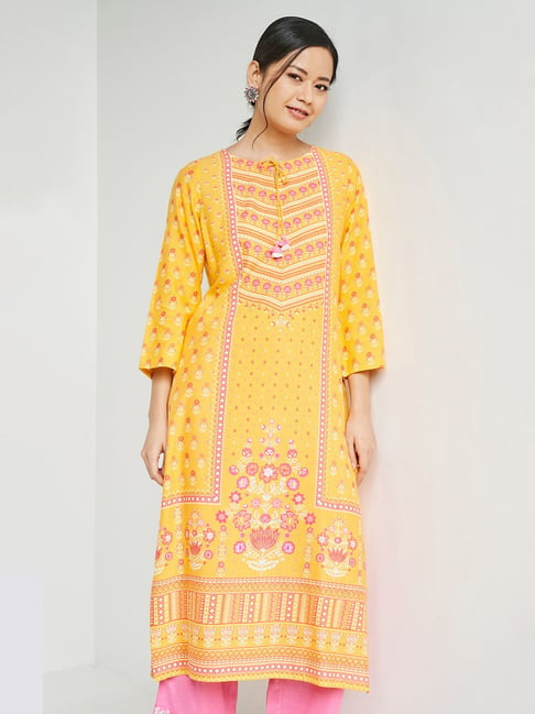 Global Desi Mustard Printed Straight Kurta