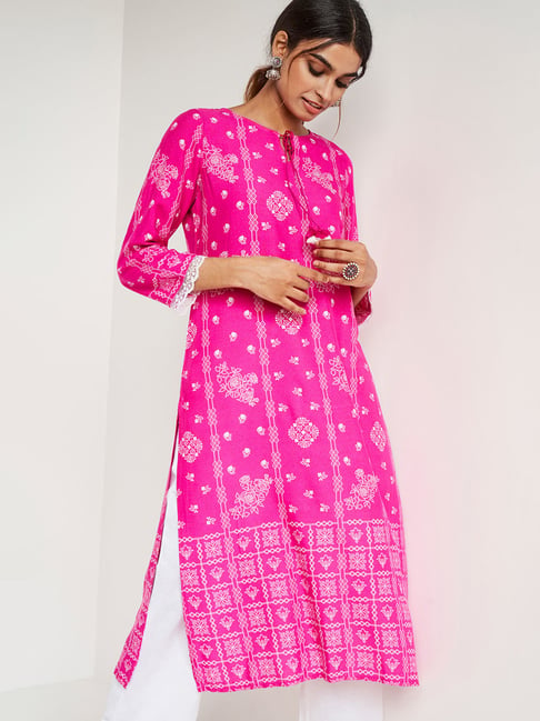 Global Desi Dark Pink Printed Straight Kurta