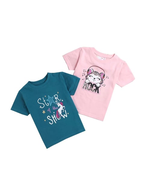 Buy Bumzee Kids Teal Blue Pink Printed T-Shirt for Girls