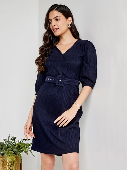 AND Navy Midi Wrap Dress Price in India