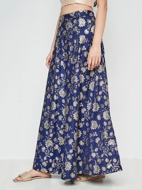 Global Desi Blue Printed Circular Maxi Skirt Price in India
