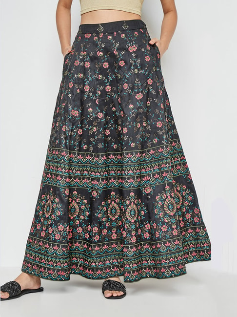 Global Desi Black Printed Circular Maxi Skirt Price in India