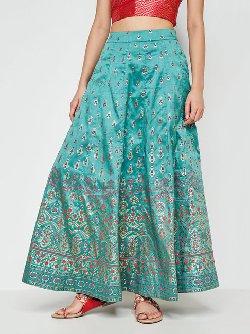 Global Desi Teal Printed Circular Maxi Skirt Price in India