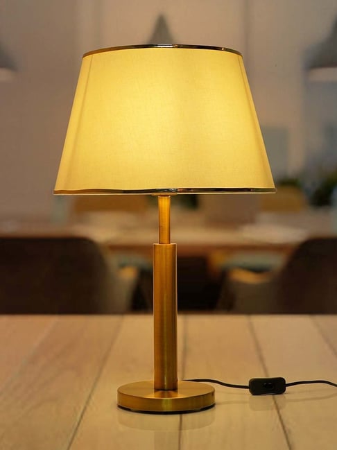 FOS LIGHTING Transitional Brushed Golden Off-White Steel Table Lamp With  Fabric Shade