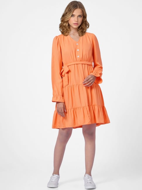 Only Orange V Neck A Line Dress Price in India