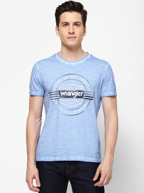 Buy Wrangler Dull Blue Regular Fit Printed T Shirts for Mens