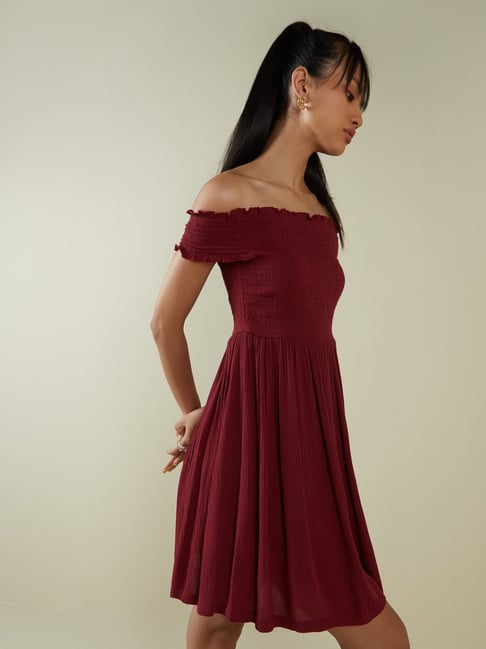 Nuon by Westside Maroon Off-Shoulder Crepe Dress Price in India