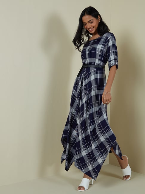 LOV by Westside Navy Checkered Asymmetric Dress Price in India