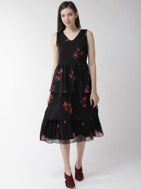 MISH Black Floral Print Midi Dress Price in India