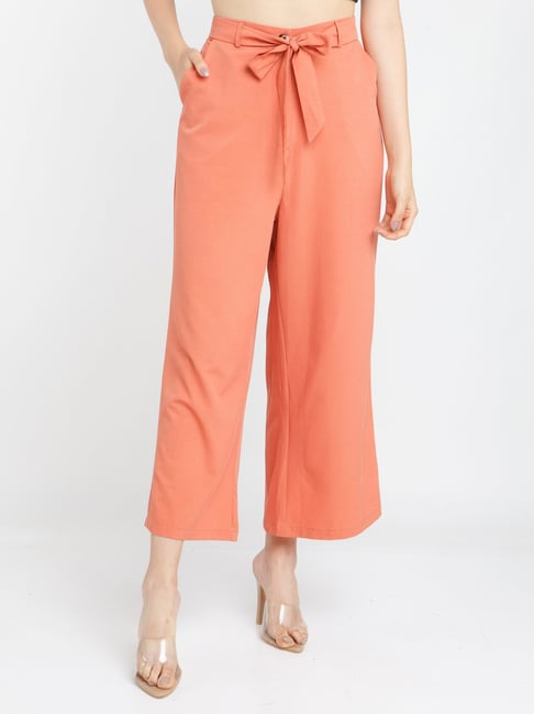 Bright Orange Plisse High Waisted Wide Leg Trousers 41 OFF