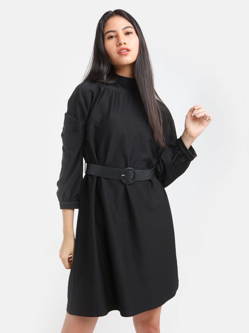 Zink London Black Turtle Neck A-Line Dress Price in India