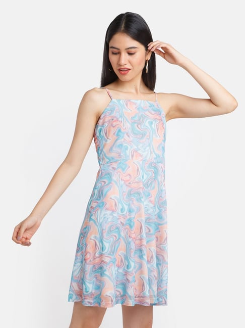 Zink London Blue & Peach Printed A-Line Dress Price in India