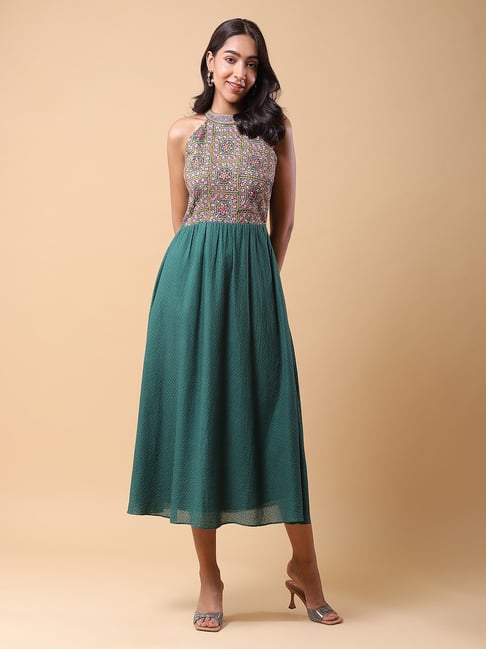 aarke Ritu Kumar Green Embroidered Midi A-Line Dress Price in India