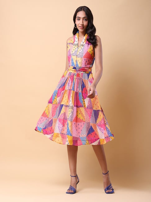 aarke Ritu Kumar Pink Printed Midi A-Line Dress Price in India