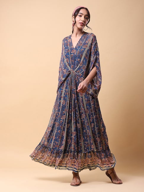 aarke Ritu Kumar Teal Printed Maxi Kaftan Dress With Inner Price in India
