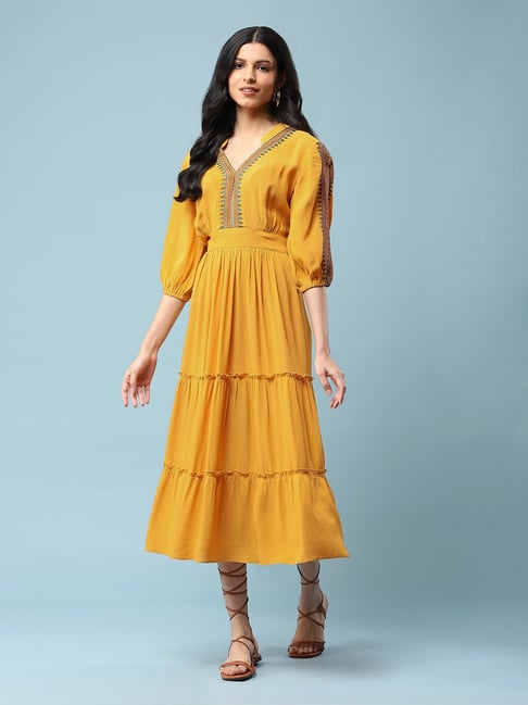 aarke Ritu Kumar Yellow Embroidered Maxi A-Line Dress Price in India
