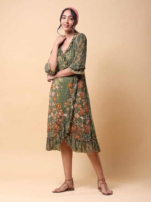 aarke Ritu Kumar Green Printed Midi High-Low Dress Price in India
