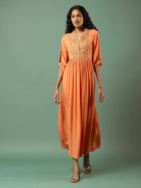aarke Ritu Kumar Orange Embroidered Maxi A-Line Dress Price in India
