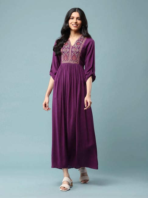aarke Ritu Kumar Purple Embroidered Maxi A-Line Dress Price in India