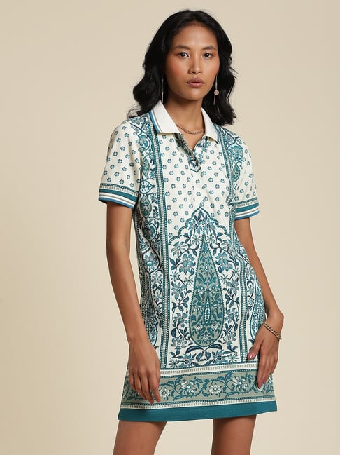 Buy Teal Blue Printed Long Dress Online - Label Ritu Kumar India Store View