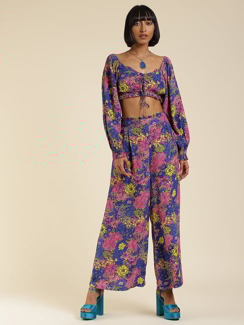 Label Ritu Kumar Blue Floral Crop Top With Palazzos-picture-35