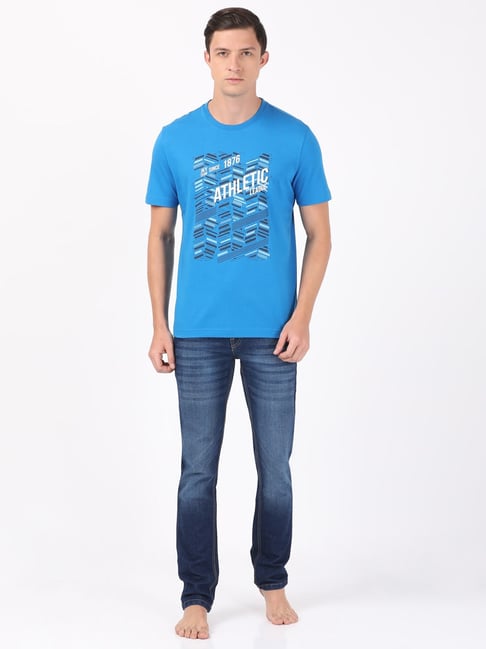 Men's Super Combed Cotton Blend Graphic Printed Round Neck Half Sleeve  T-Shirt with Stay Fresh Treatment - Caribbean Sea