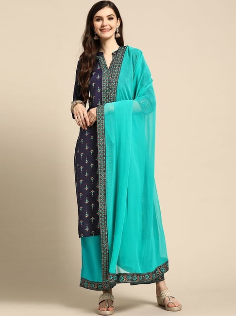 Gerua Blue Floral Print Kurta Palazzo Set With Dupatta