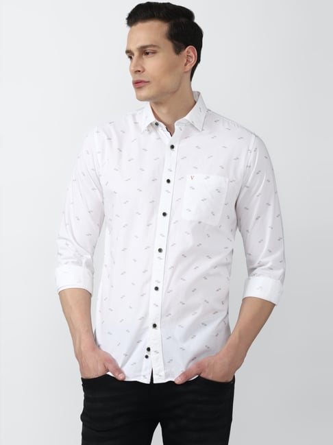 Van Heusen Sport White Cotton Slim Fit Printed Shirt