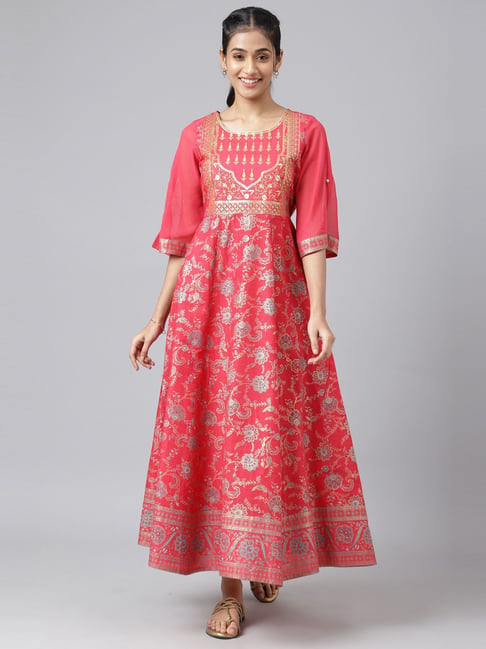 Aurelia Pink Cotton Floral Print Maxi Dress Price in India